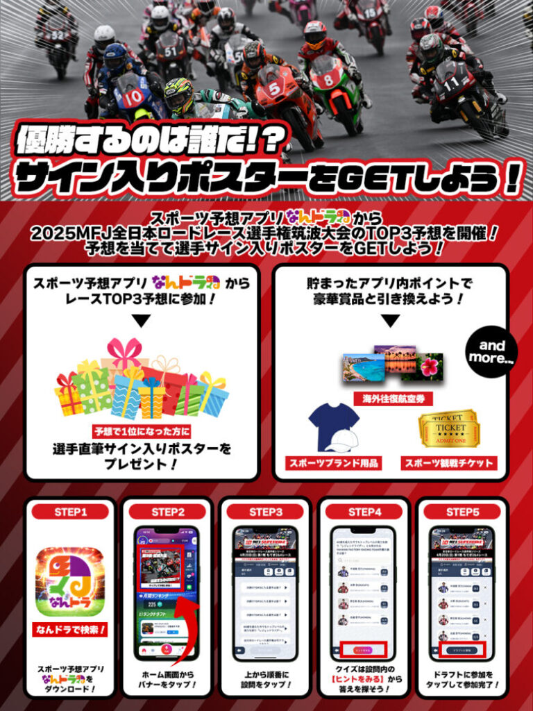スポーツ予想アプリ「なんドラ」で6月22日（日）2025 MFJ全日本ロードレース選手権シリーズ 第3戦『筑波大会』決勝TOP3予想を開催！