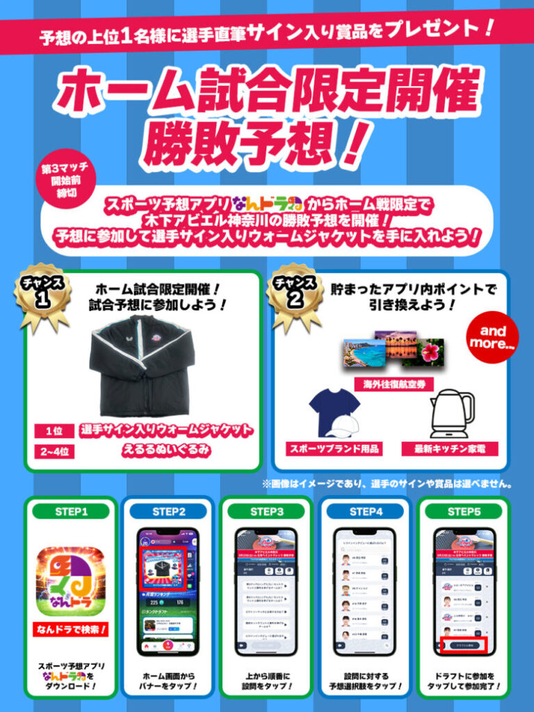 『木下アビエル神奈川』・『木下マイスター東京』11月8日（土）・9日（日） “川崎シリーズ” の予想企画をスポーツ予想アプリ「なんドラ」で開催！